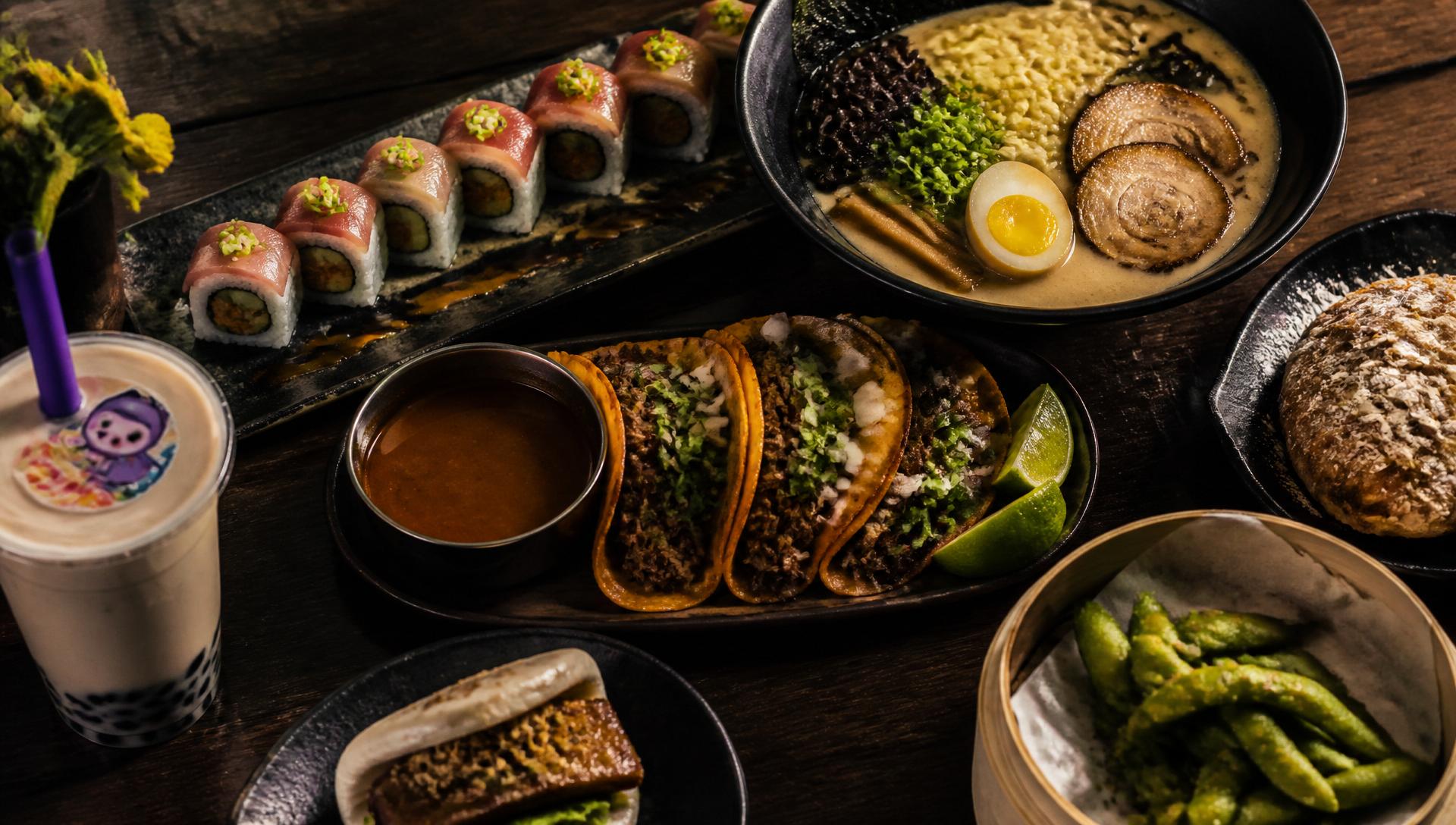 Bay Area restaurant spread with tacos, ramen, sushi and boba